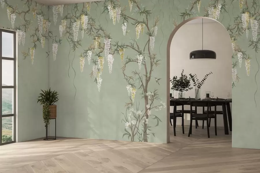 murales Ramas en flor con flores blancas y pájaros sobre un fondo verde w05394