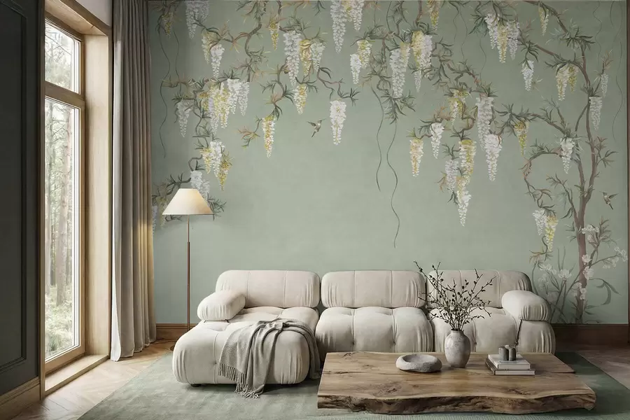 Wall Mural Photo Wallpaper Flowering branches with white blossoms and birds on green w05394