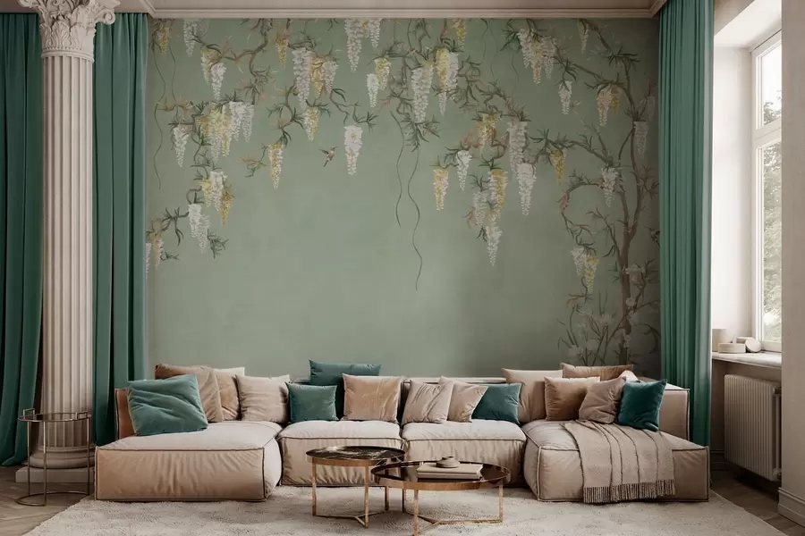 Wall Mural Photo Wallpaper Flowering branches with white blossoms and birds on green w05394