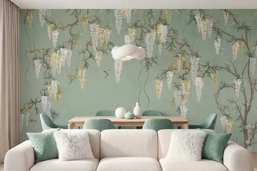 peintures murales Des branches fleuries avec des fleurs blanches et des oiseaux sur fond vert w05394
