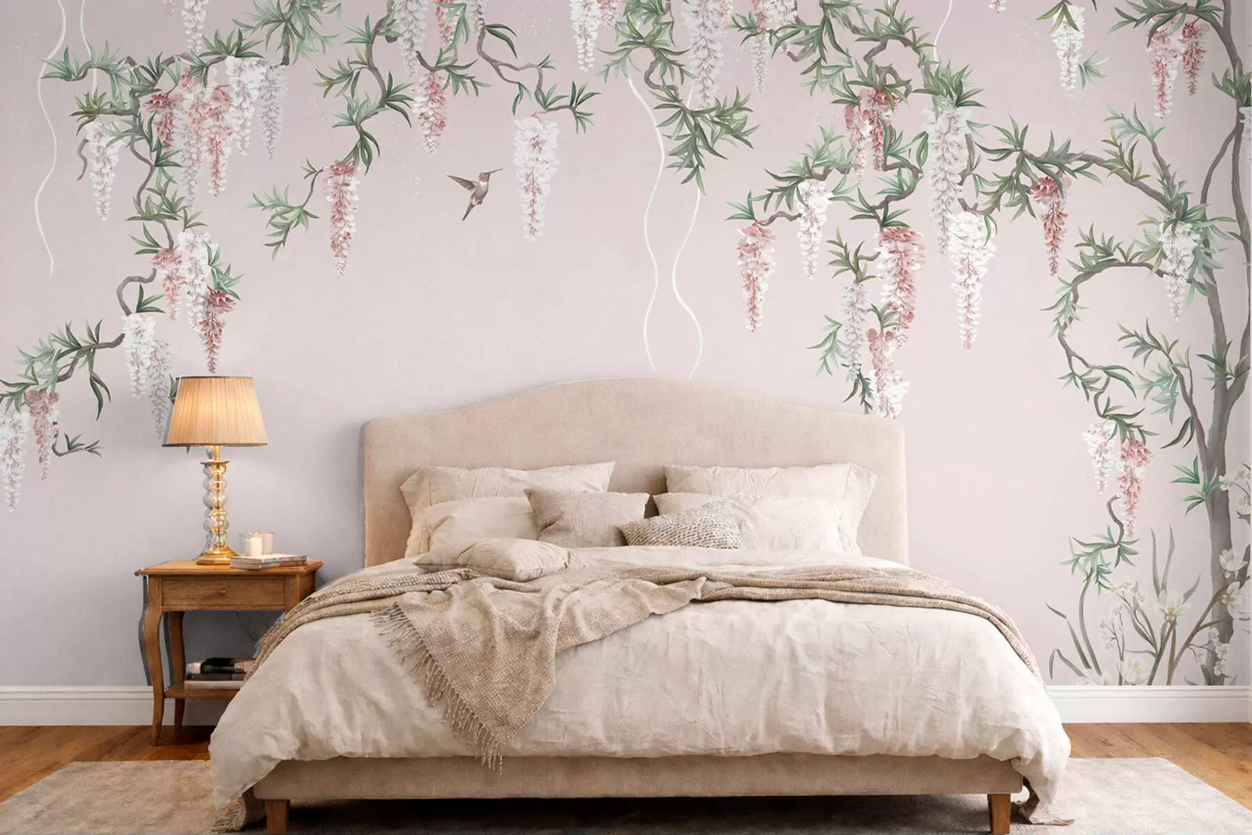murais de parede Ramos floridos com flores cor-de-rosa e pássaros w05394v1