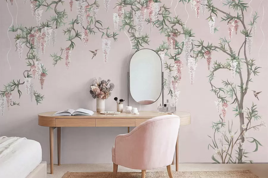 peintures murales Des branches en fleurs ornées de boutons roses et d'oiseaux w05394v1
