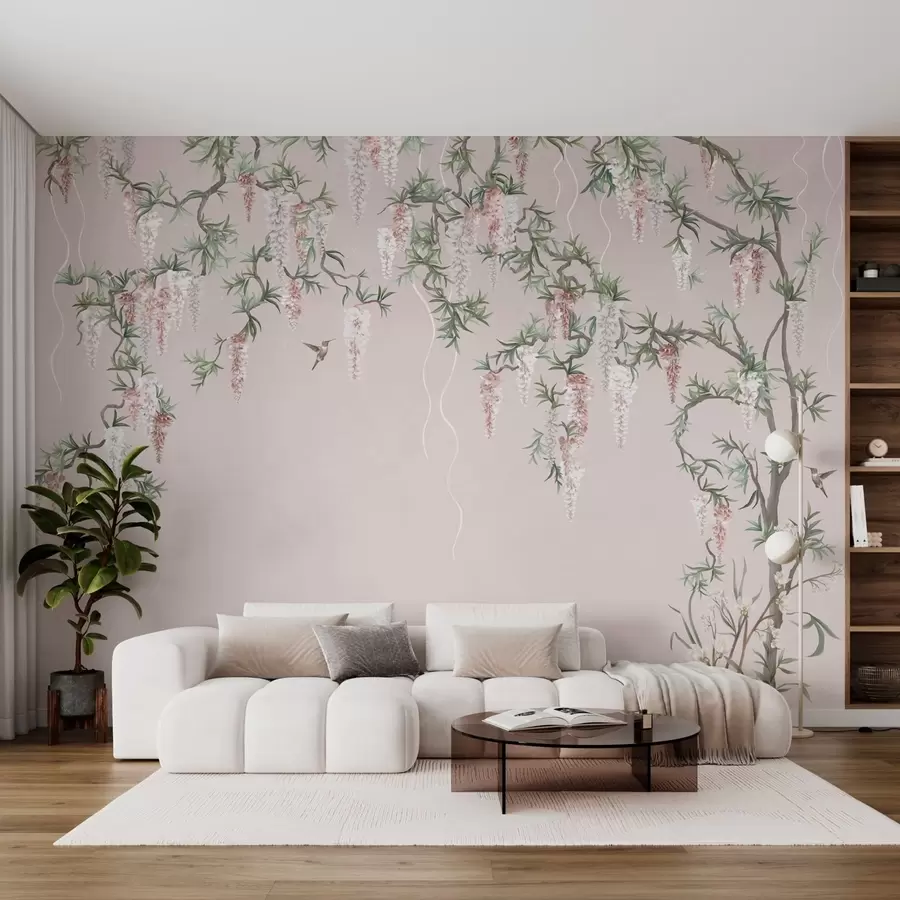 Wall Mural Photo Wallpaper Flowering branches with pink blossoms and birds w05394v1