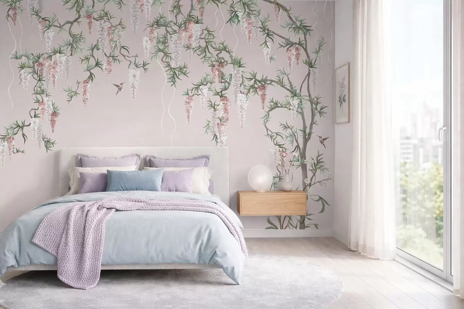 murais de parede Ramos floridos com flores cor-de-rosa e pássaros w05394v1
