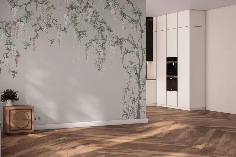 murales Ramas en flor con capullos rosas y pájaros w05394v1