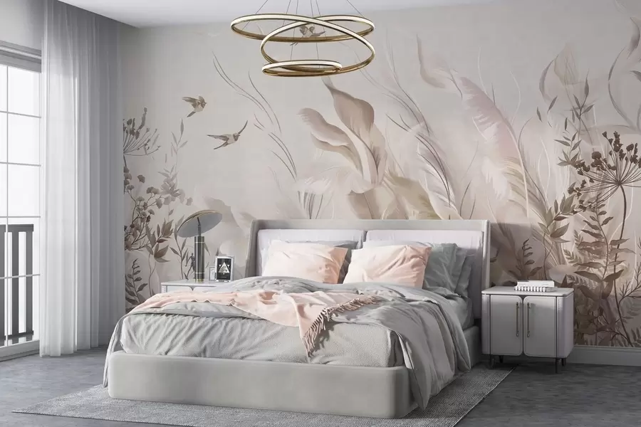 murales Plumas suaves, hierbas y pájaros en tonos claros w05395