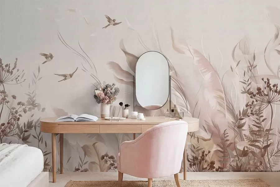 Wall Mural Photo Wallpaper Soft feathers, grasses and birds in light tones w05395