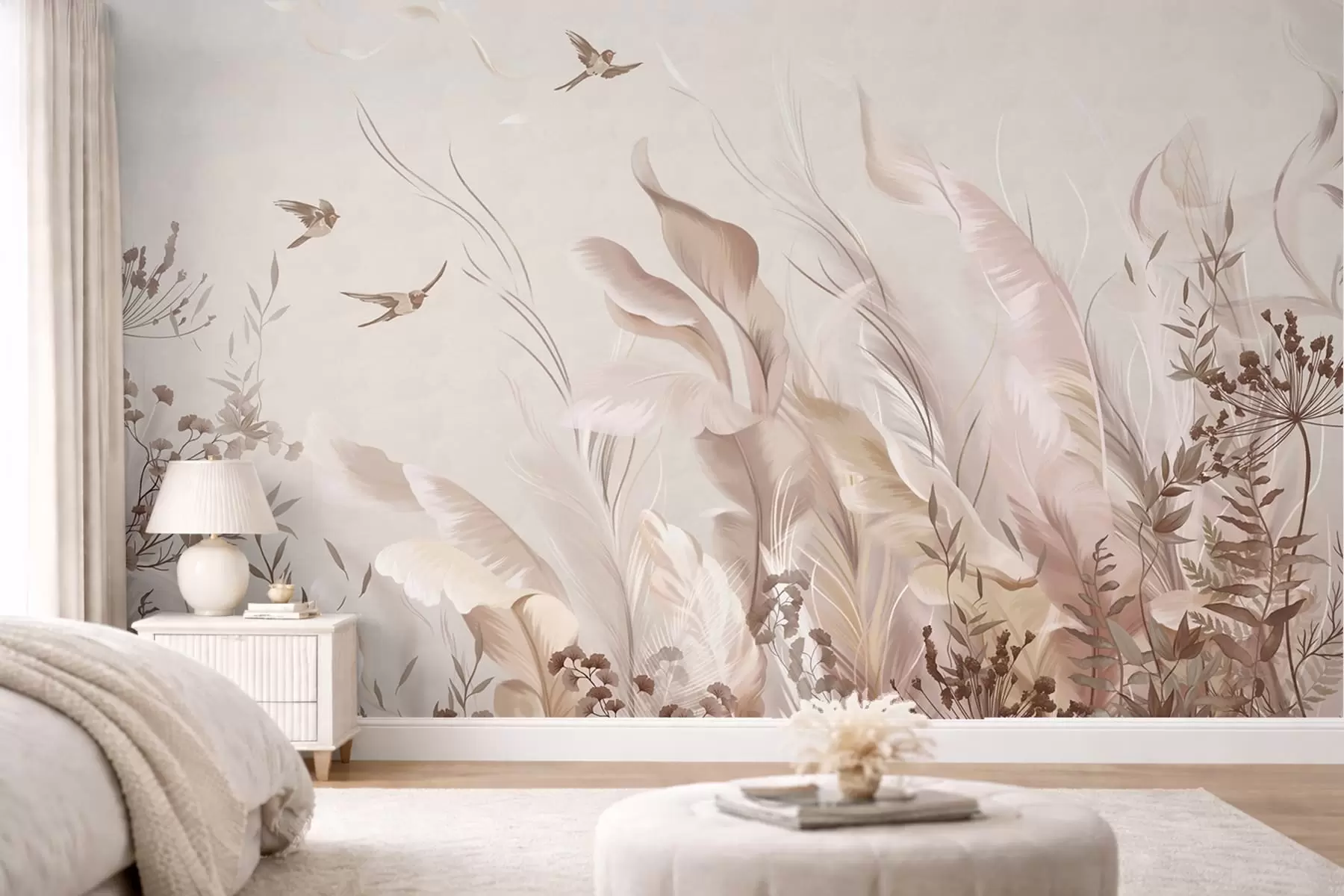 wall murals Soft feathers, grasses and birds in light tones w05395