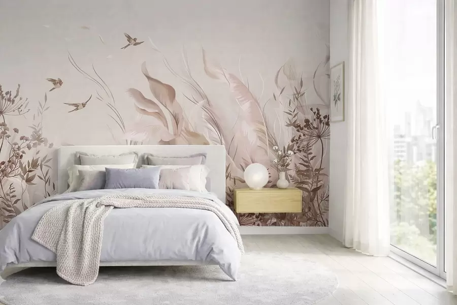 Wall Mural Photo Wallpaper Soft feathers, grasses and birds in light tones w05395