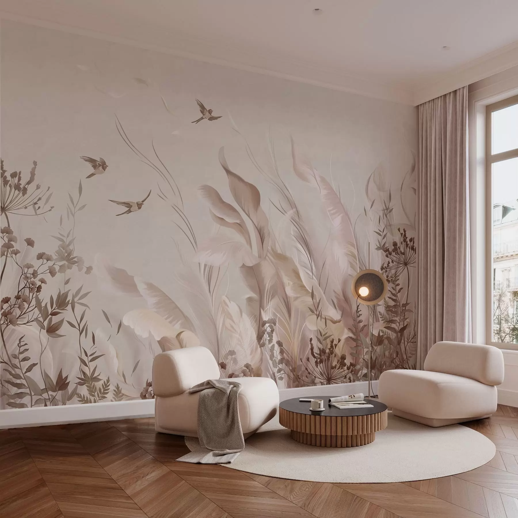 Wall Mural Photo Wallpaper Soft feathers, grasses and birds in light tones w05395