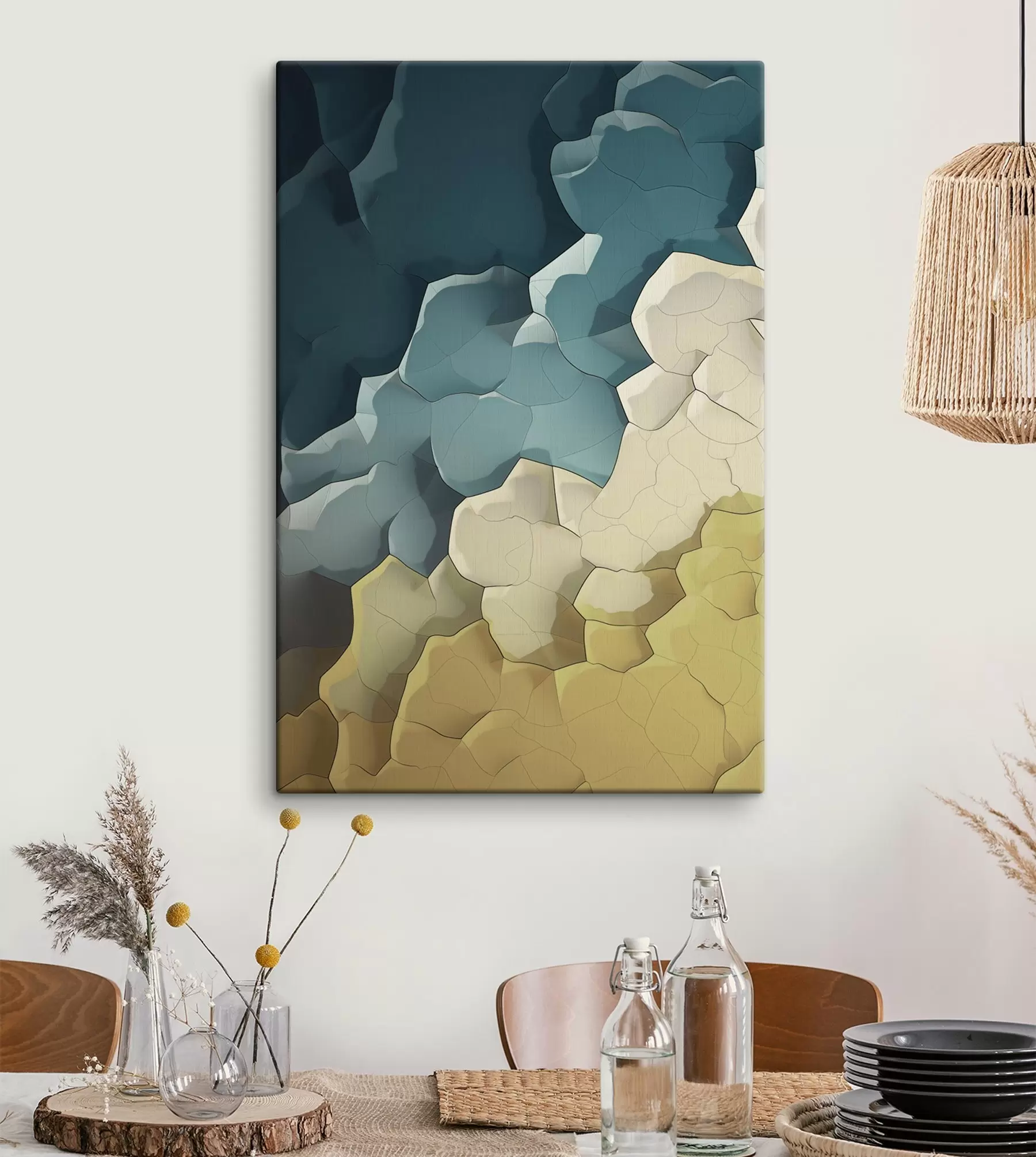 murales Abstracción en tonos beige y turquesa, arte geométrico s48477