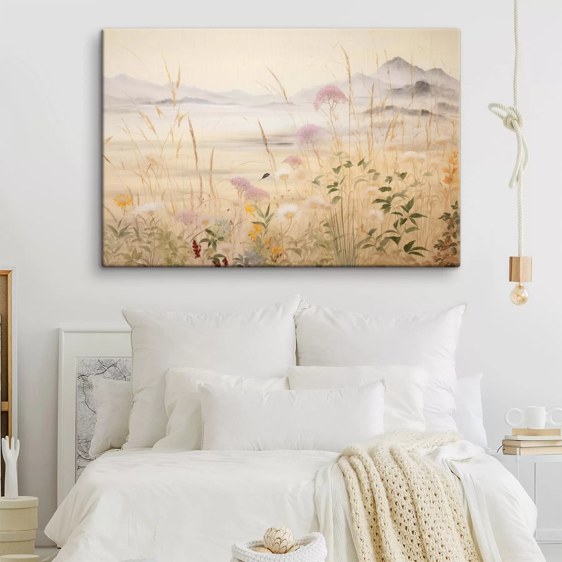 wall murals Beige flower field, meadow grasses, delicate landscape s48480
