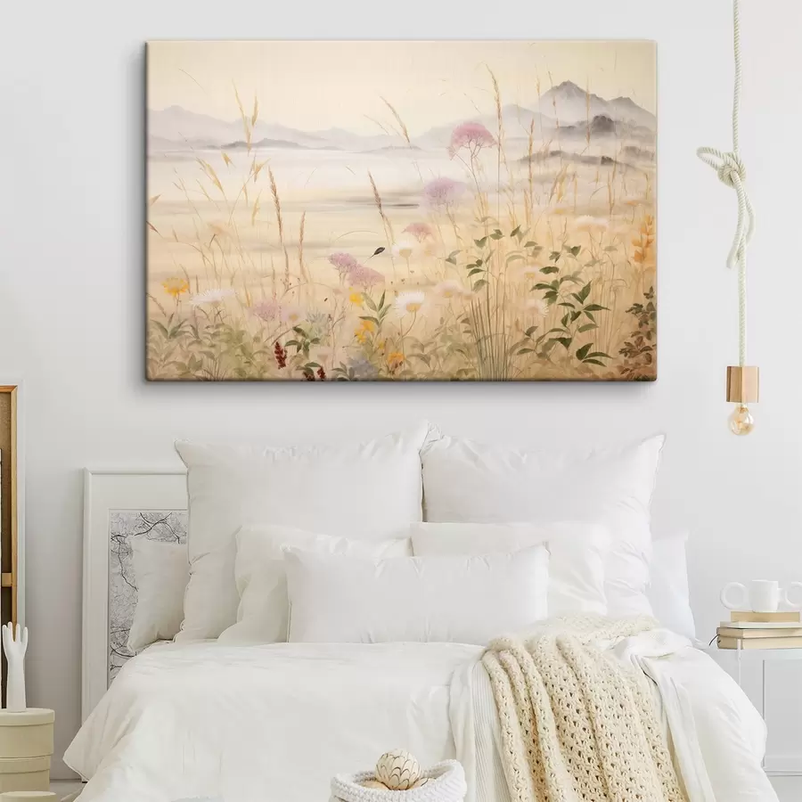 wall murals Beige flower field, meadow grasses, delicate landscape s48480