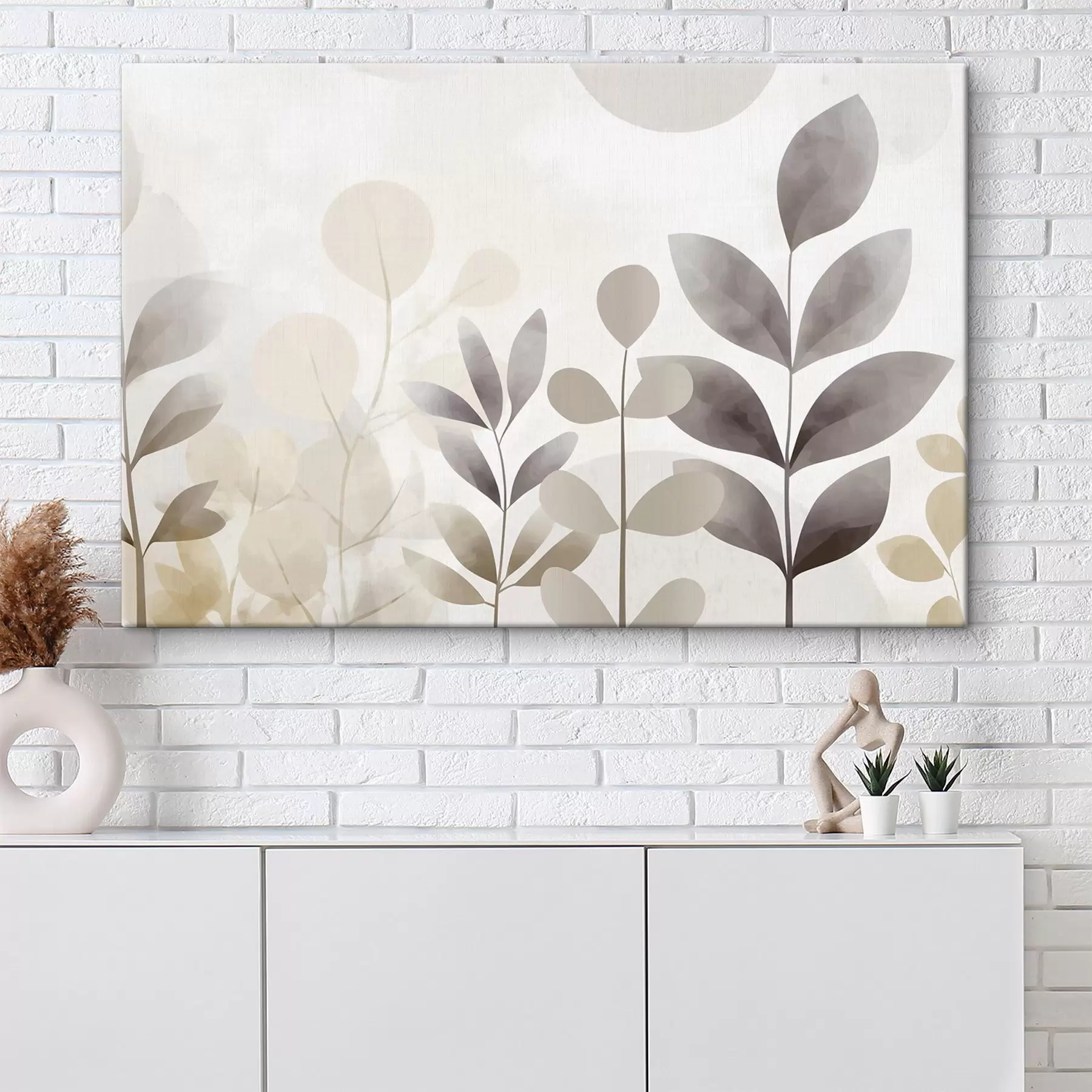 wall murals Beige and gray leaf silhouettes, minimalism s48487