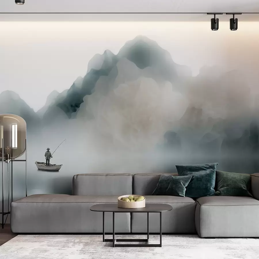 Wall Mural Photo Wallpaper Mountain landscape with a boat and fisherman dissolving into soft mist w09678