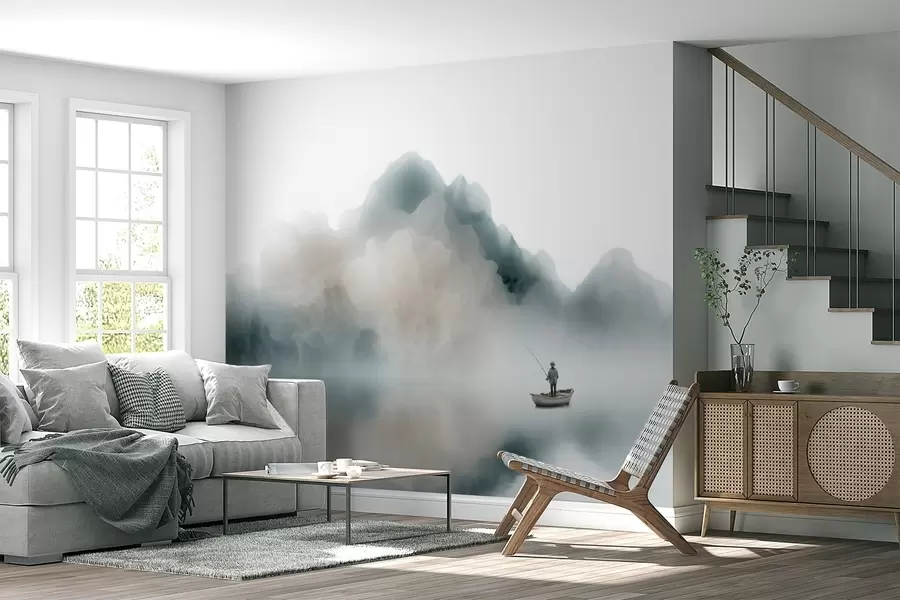 murales Paisaje montañoso con un barco y un pescador que se desvanecen en una suave niebla w09678