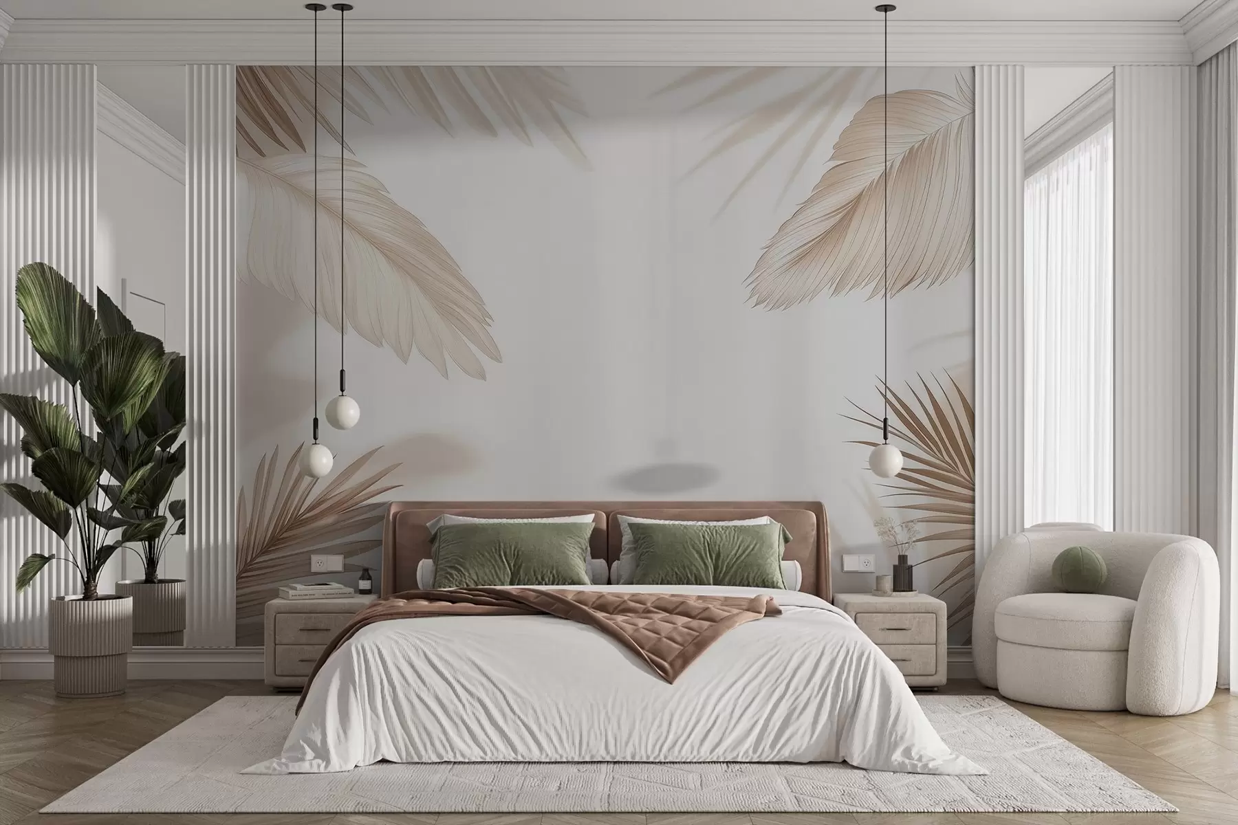 murales Decoración tropical en tonos beige con siluetas de hojas de palmera y sombras suaves w09714