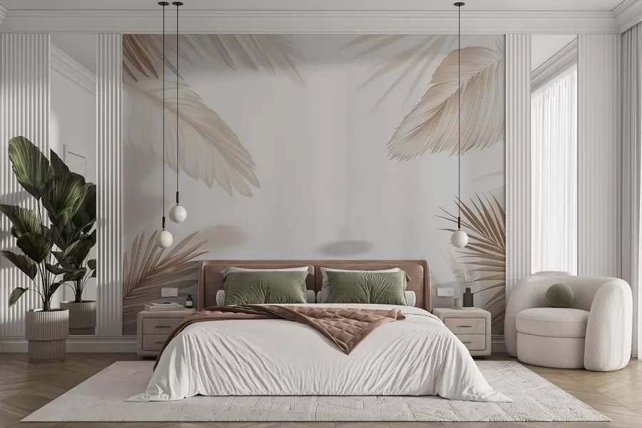 murales Decoración tropical en tonos beige con siluetas de hojas de palmera y sombras suaves w09714