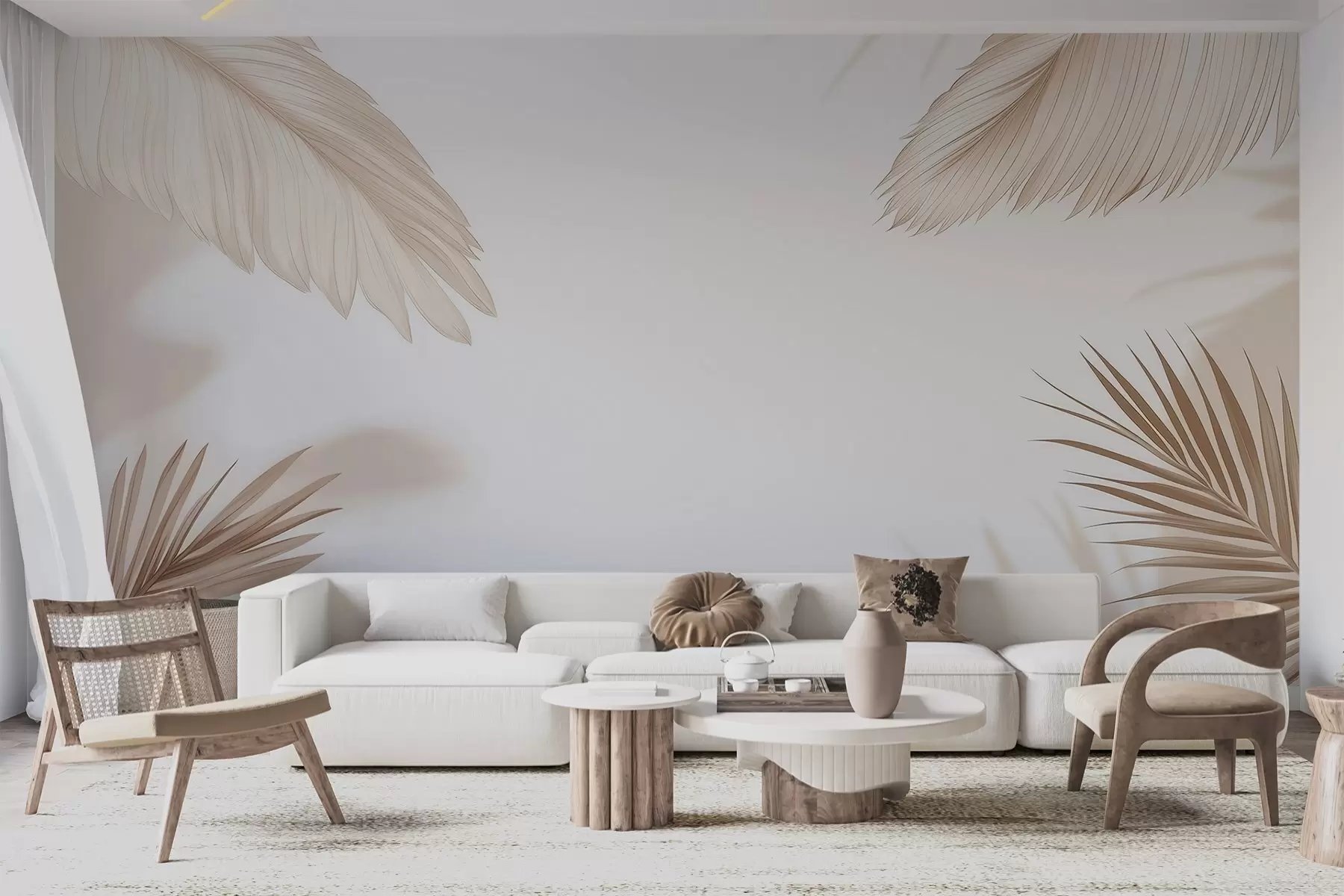 wall murals Beige tropical decor with palm leaf silhouettes and soft shadows w09714