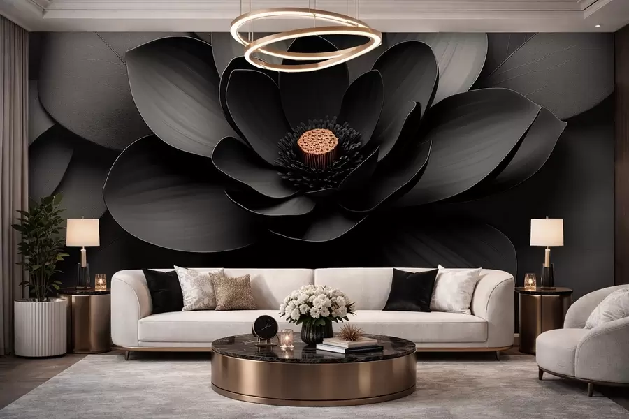 Wall Mural Photo Wallpaper Minimalist black flower with petals and a contrasting warm center w09721