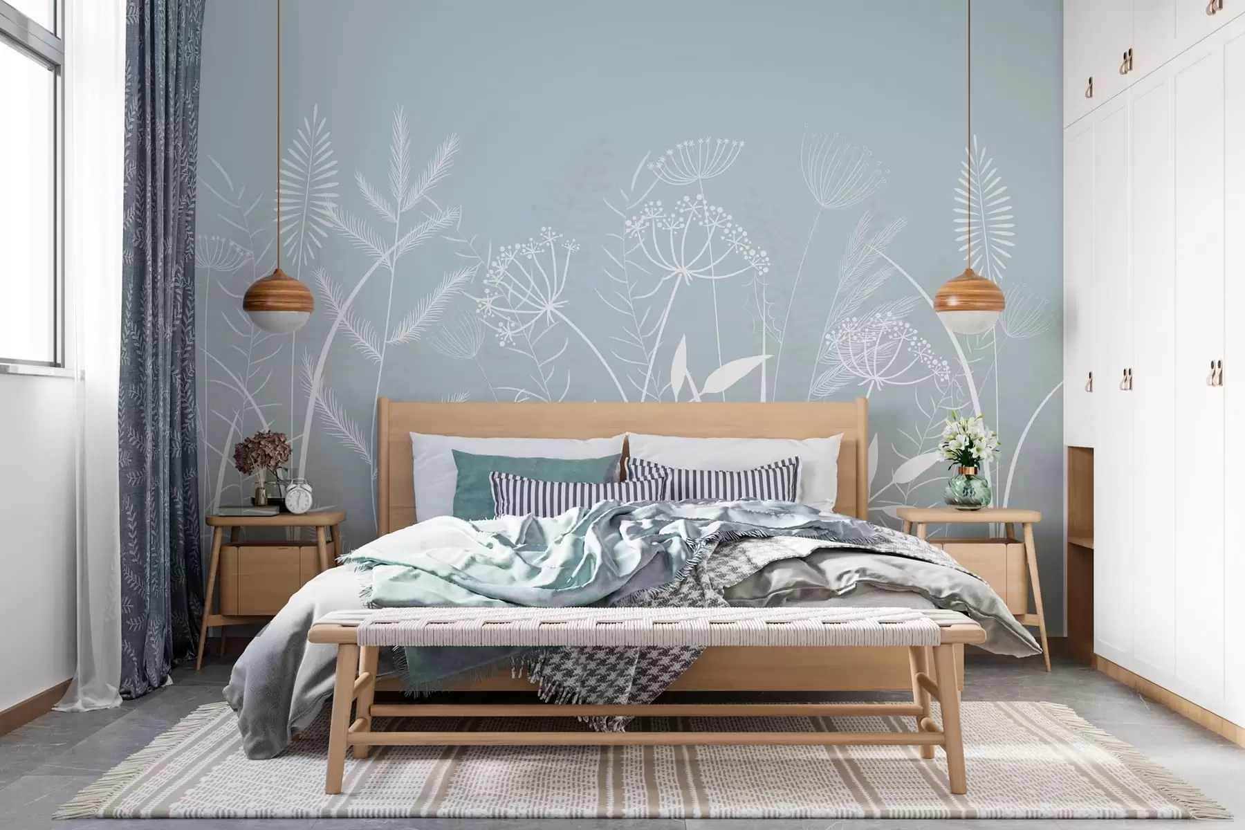 wall murals delicate hand-painted wild grasses and flowers against a grey-blue background w05383