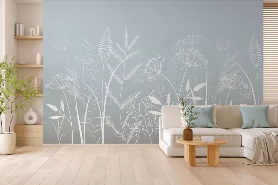 peintures murales des herbes sauvages et des fleurs délicatement peintes à la main sur un fond gris-bleu w05383