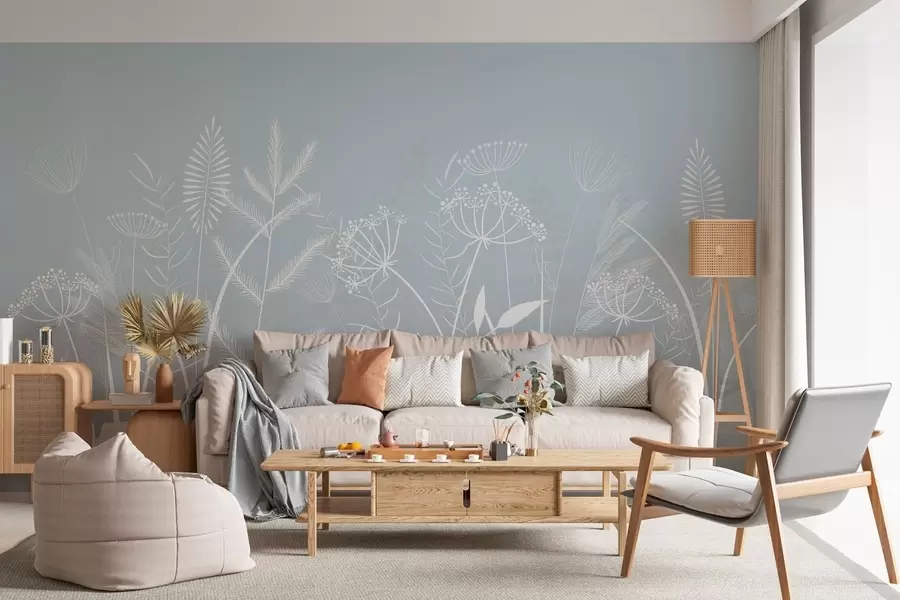 Wall Mural Photo Wallpaper delicate hand-painted wild grasses and flowers against a grey-blue background w05383