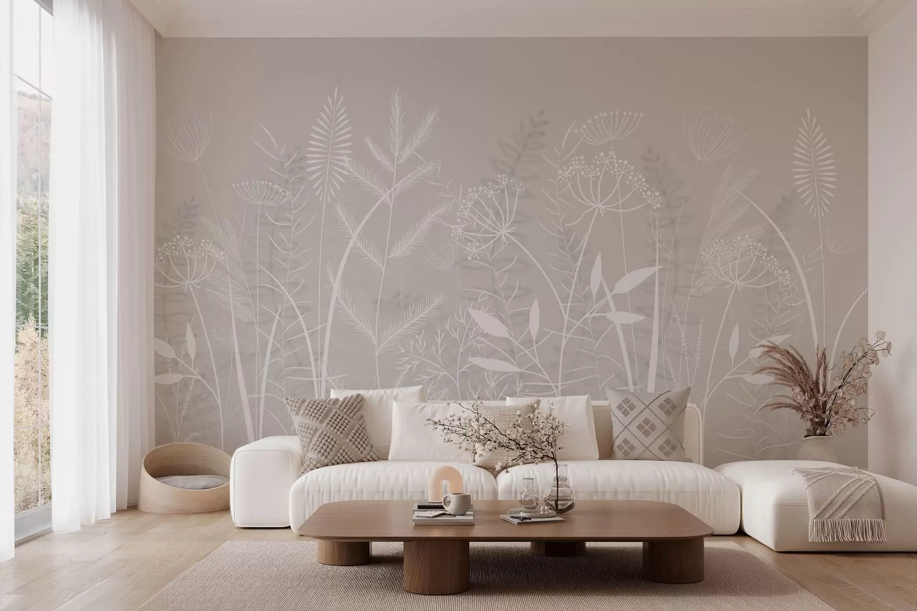 murais de parede delicadas ervas silvestres e flores pintadas à mão sobre um fundo bege w05383v1