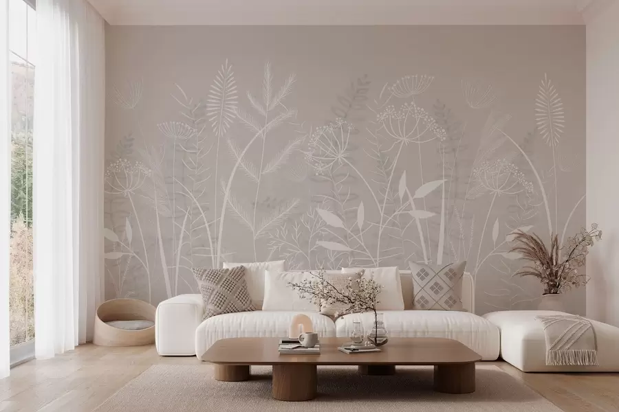 Wall Mural Photo Wallpaper delicate hand-painted wild grasses and flowers against a beige background w05383v1
