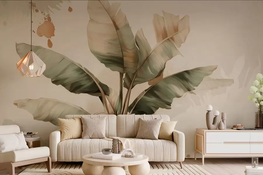 murales un gran y pintoresco racimo de hojas de plátano con toques de estilo retro w05384