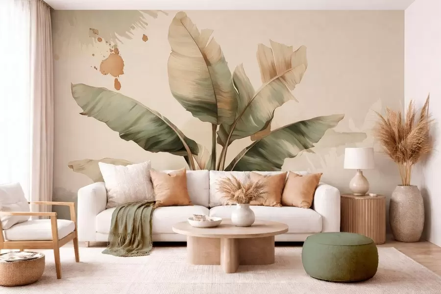 Wall Mural Photo Wallpaper a large, picturesque cluster of banana leaves with retro-style splashes  w05384