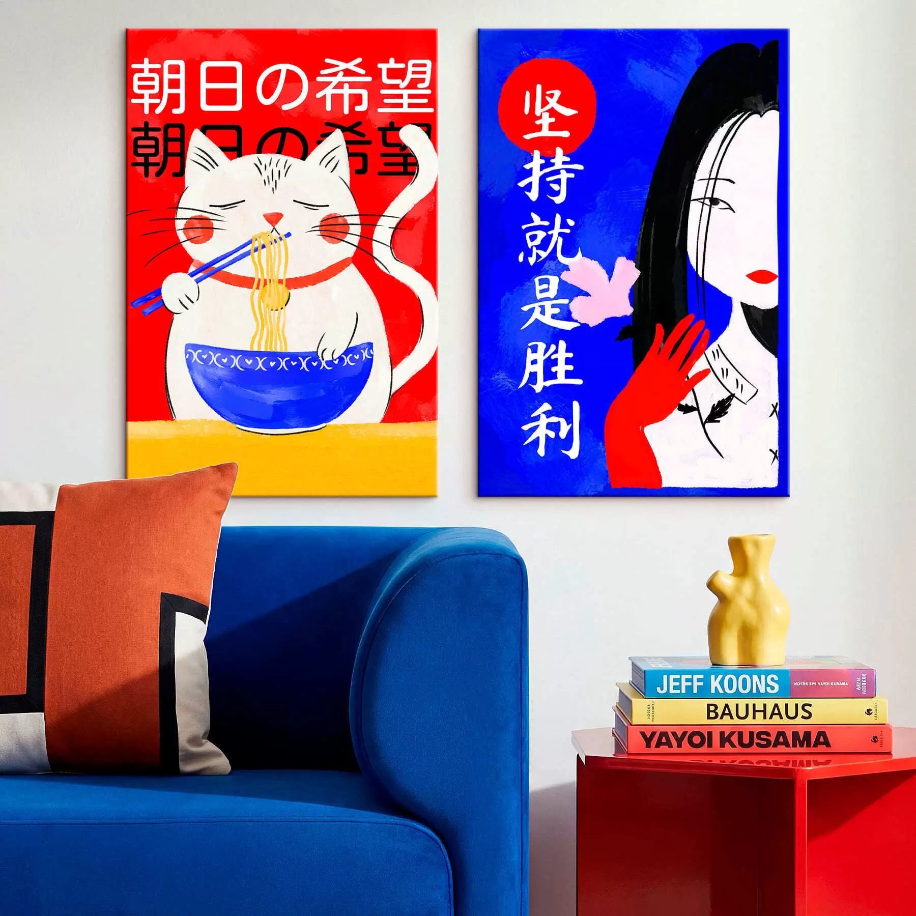 wall murals Diptych with cat and woman portrait in bold style m30233