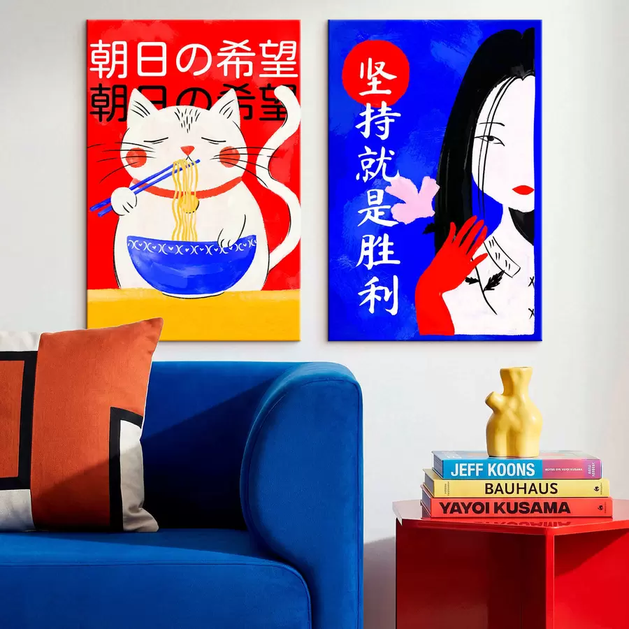 murales Díptico con un gato y el retrato de una mujer en estilo llamativo m30233