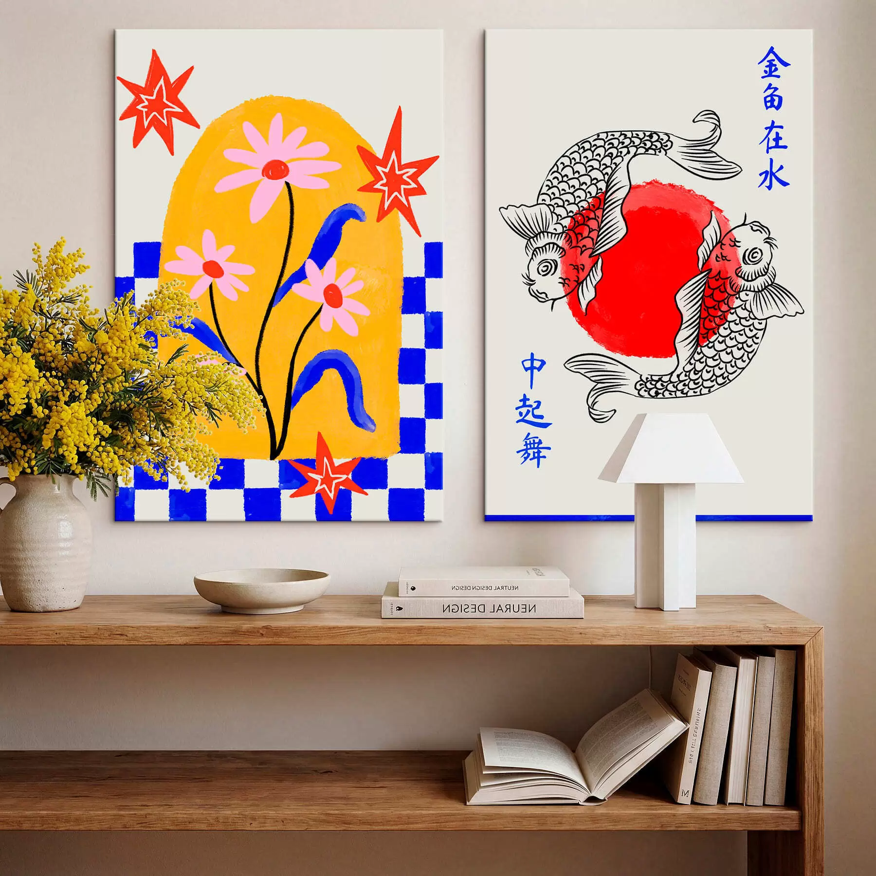 murales Díptico con un gato y dos peces en tonos rojos y blancos m30235