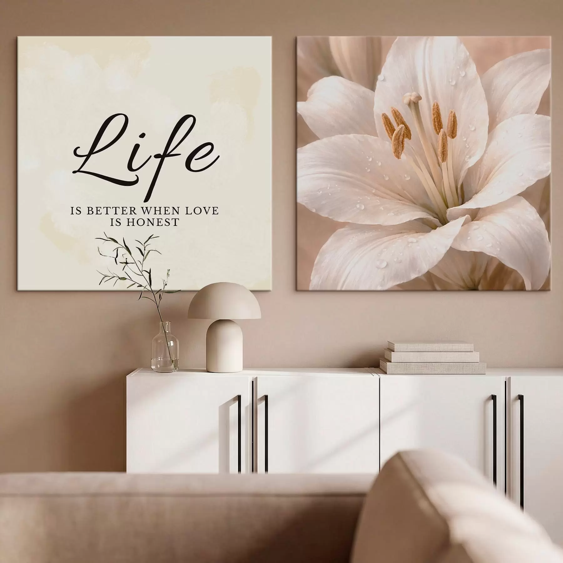 murales Díptico con el texto «Life» y un primer plano de una flor blanca m30237
