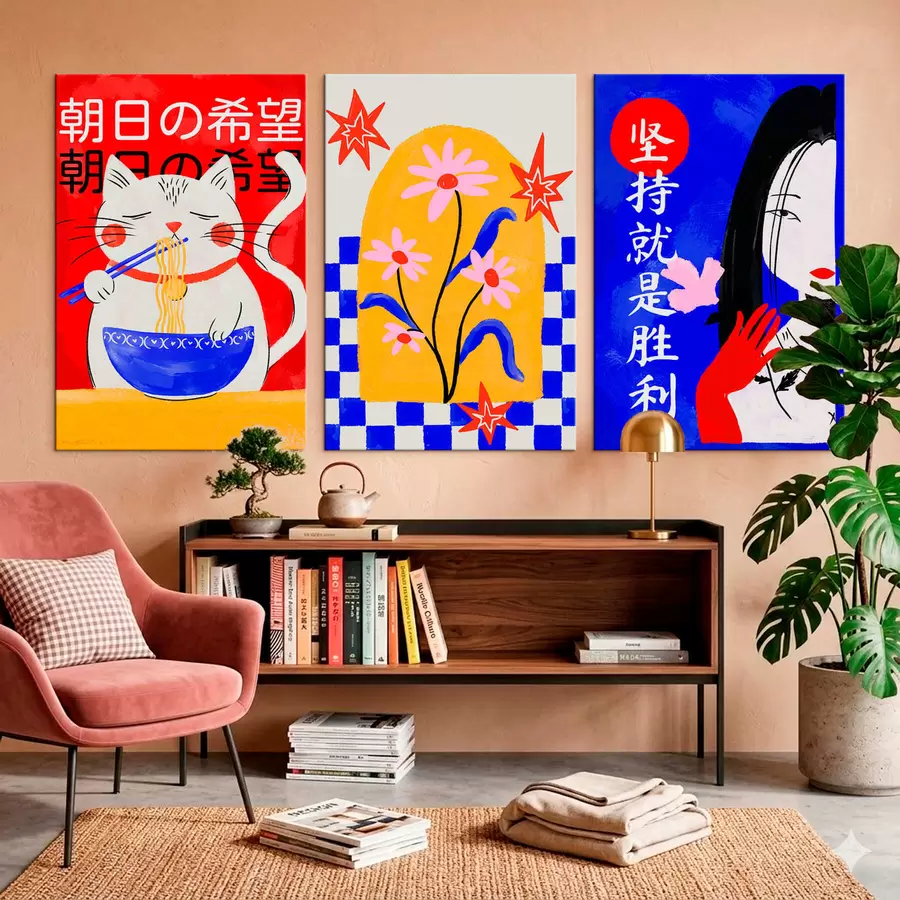 murales Tríptico con un gato, un pez y el retrato de una mujer m30240