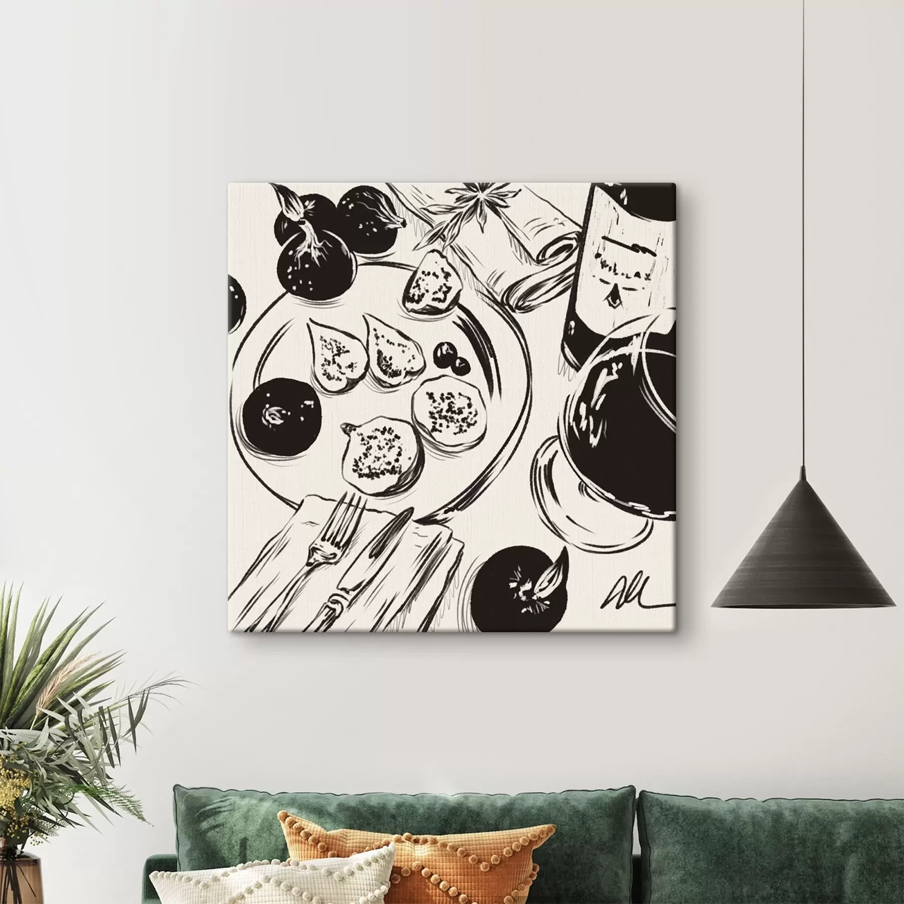 murales Dibujo en blanco y negro de una mesa con fruta y un vaso s48030