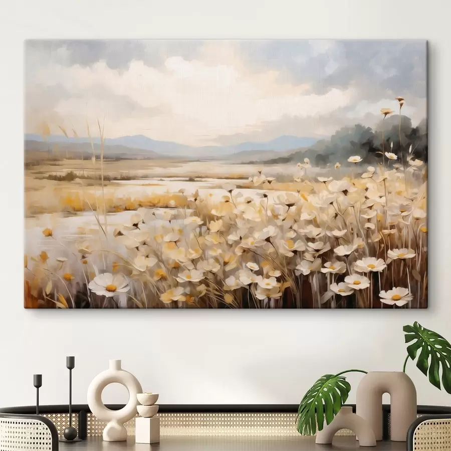 wall murals Field flowers by water in soft painterly style s48354