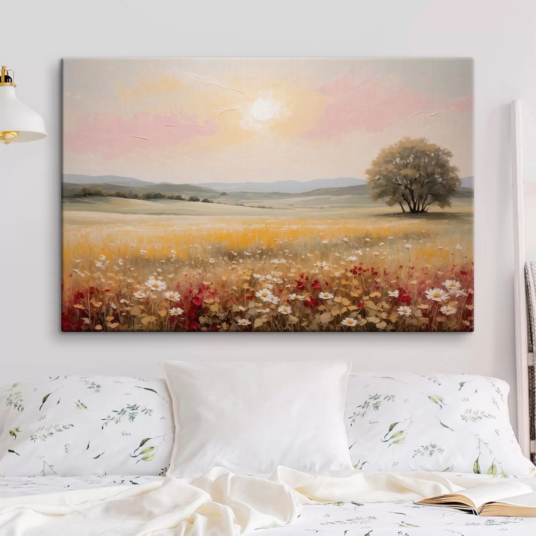 wall murals Landscape with flower field and tree on horizon s48355