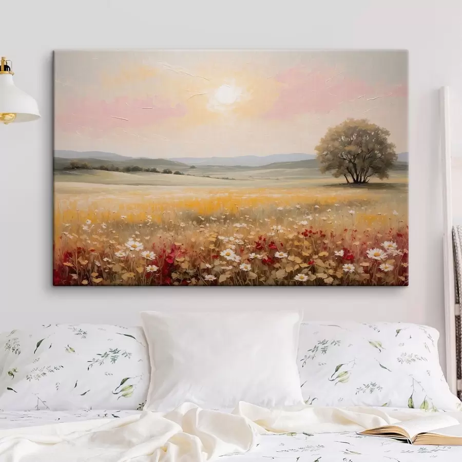 wall murals Landscape with flower field and tree on horizon s48355