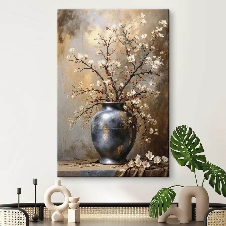 wall murals Flowering branches in vase on neutral background s48361