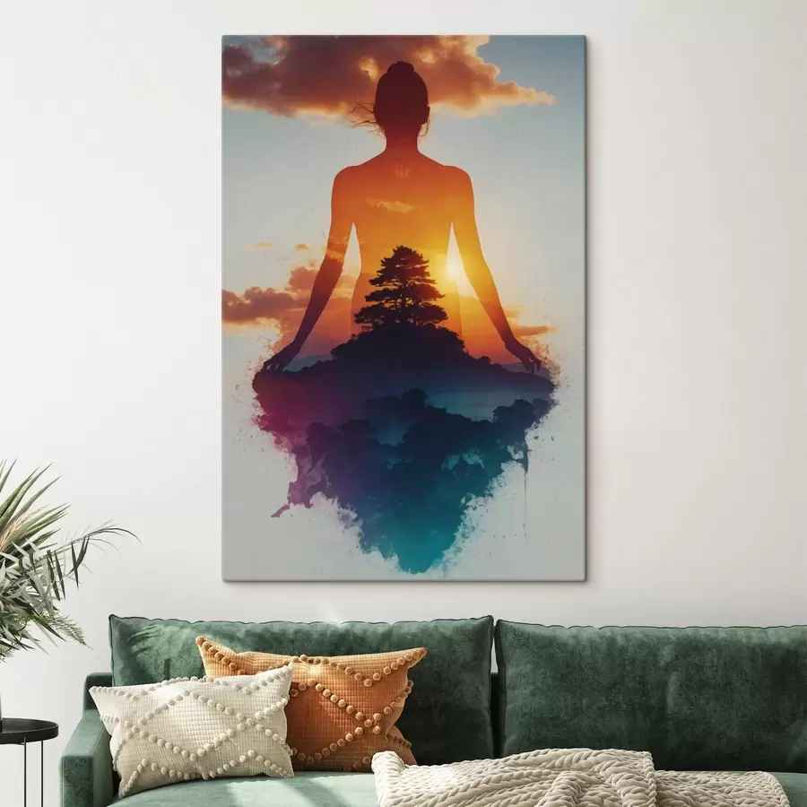 murales Silueta humana con un paisaje al atardecer en el fondo s48364