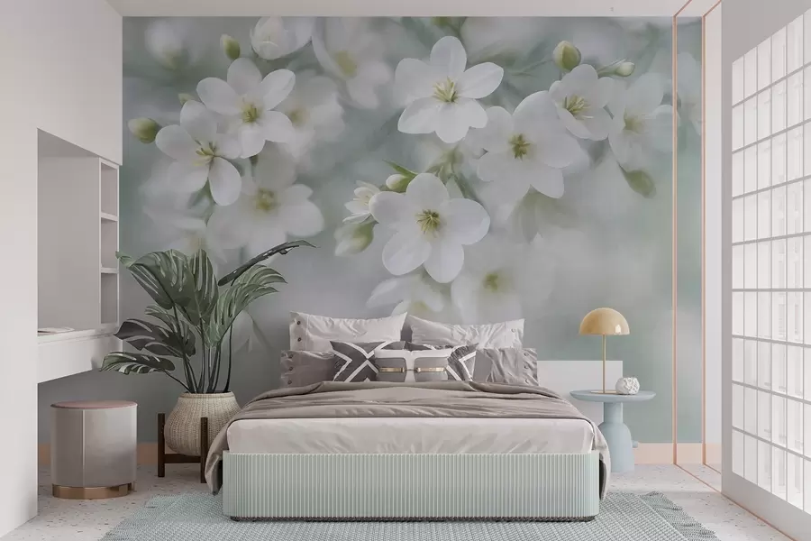 Wall Mural Photo Wallpaper Delicate textured white flowers softly blurred in the background w09759