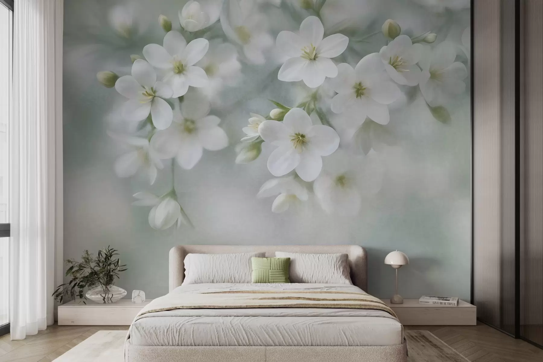 peintures murales Des fleurs blanches à la texture délicate, légèrement floues en arrière-plan w09759