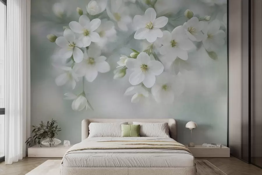 Wall Mural Photo Wallpaper Delicate textured white flowers softly blurred in the background w09759