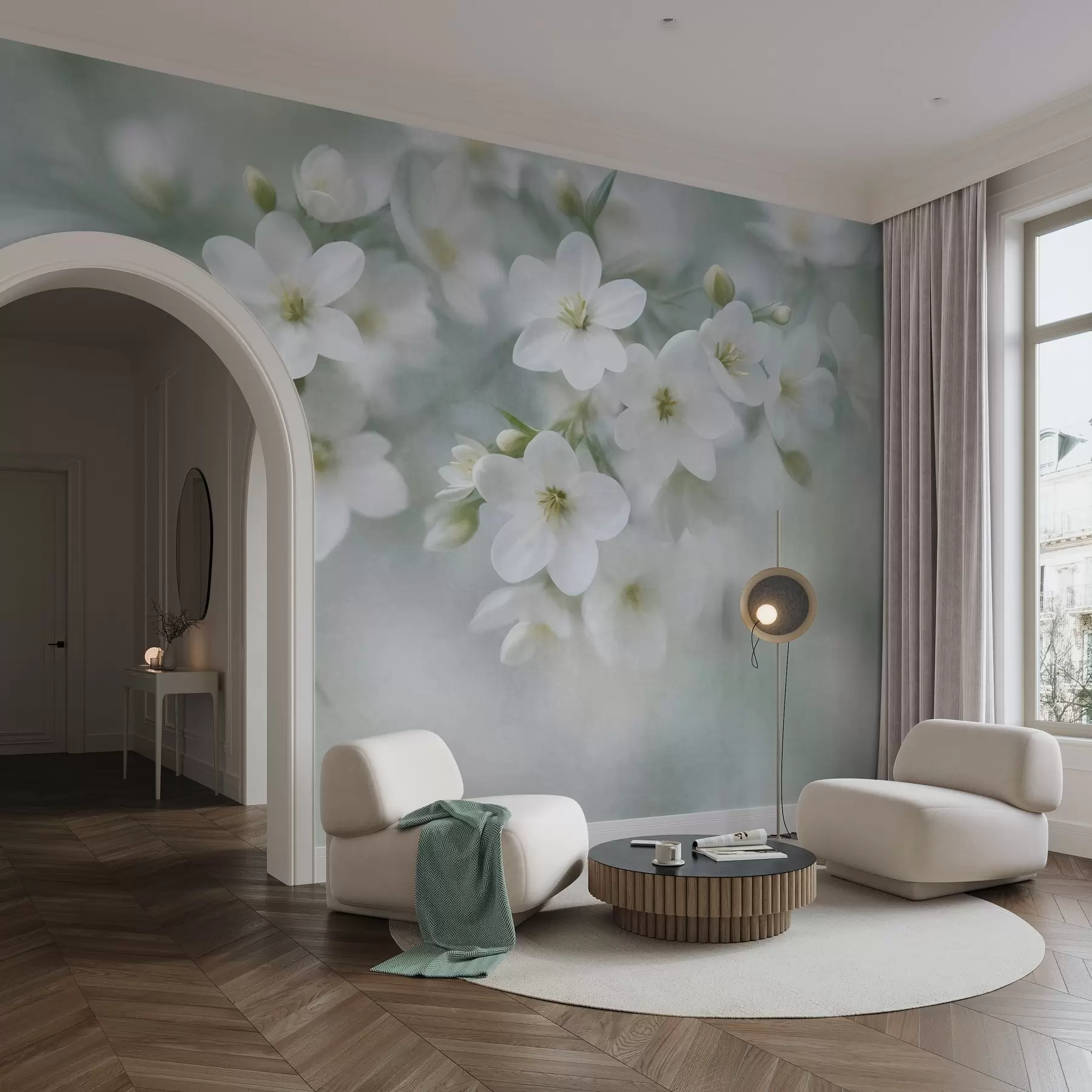 peintures murales Des fleurs blanches à la texture délicate, légèrement floues en arrière-plan w09759
