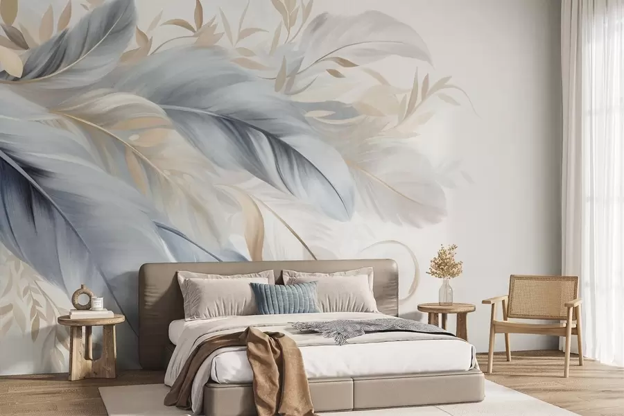 Wall Mural Photo Wallpaper Textured pastel-colored feathers and delicate leaves against a light background w09763