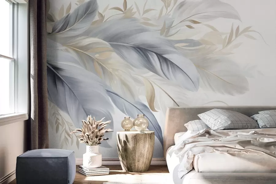 Wall Mural Photo Wallpaper Textured pastel-colored feathers and delicate leaves against a light background w09763