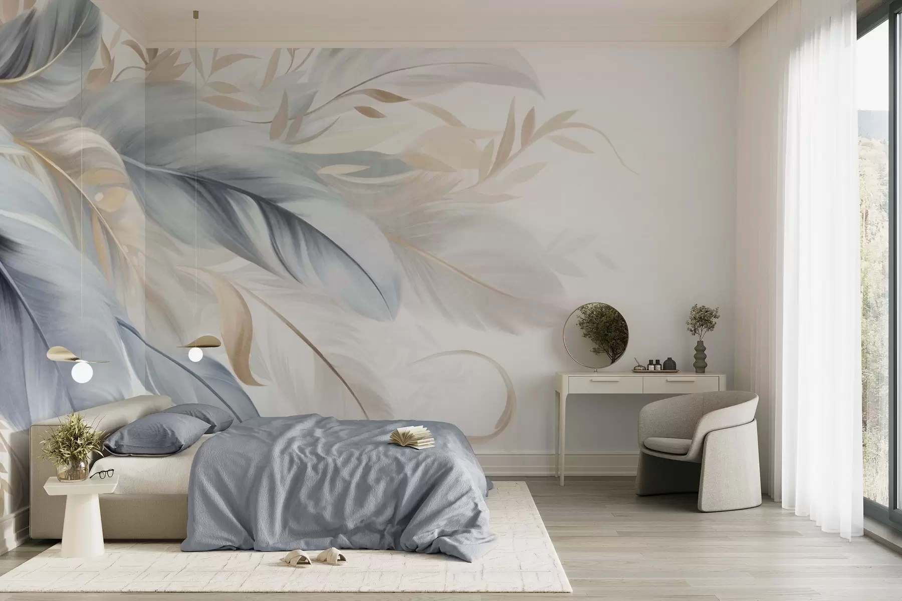 Wall Mural Photo Wallpaper Textured pastel-colored feathers and delicate leaves against a light background w09763