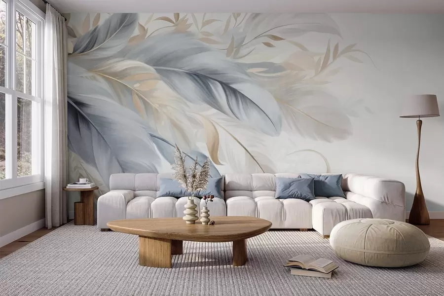 Wall Mural Photo Wallpaper Textured pastel-colored feathers and delicate leaves against a light background w09763